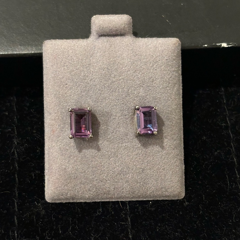 SOLD Vintage 925 sterling silver rectangle stud earrings, purple cubic zirconia